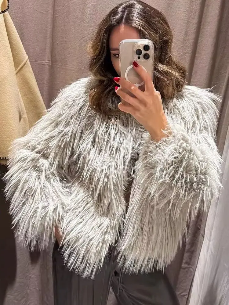 

HH женская мода однотонное пальто с круглым вырезом и длинным рукавом из натурального искусственного меха женская зимняя теплая свободная верхняя одежда повседневная куртка с карманами