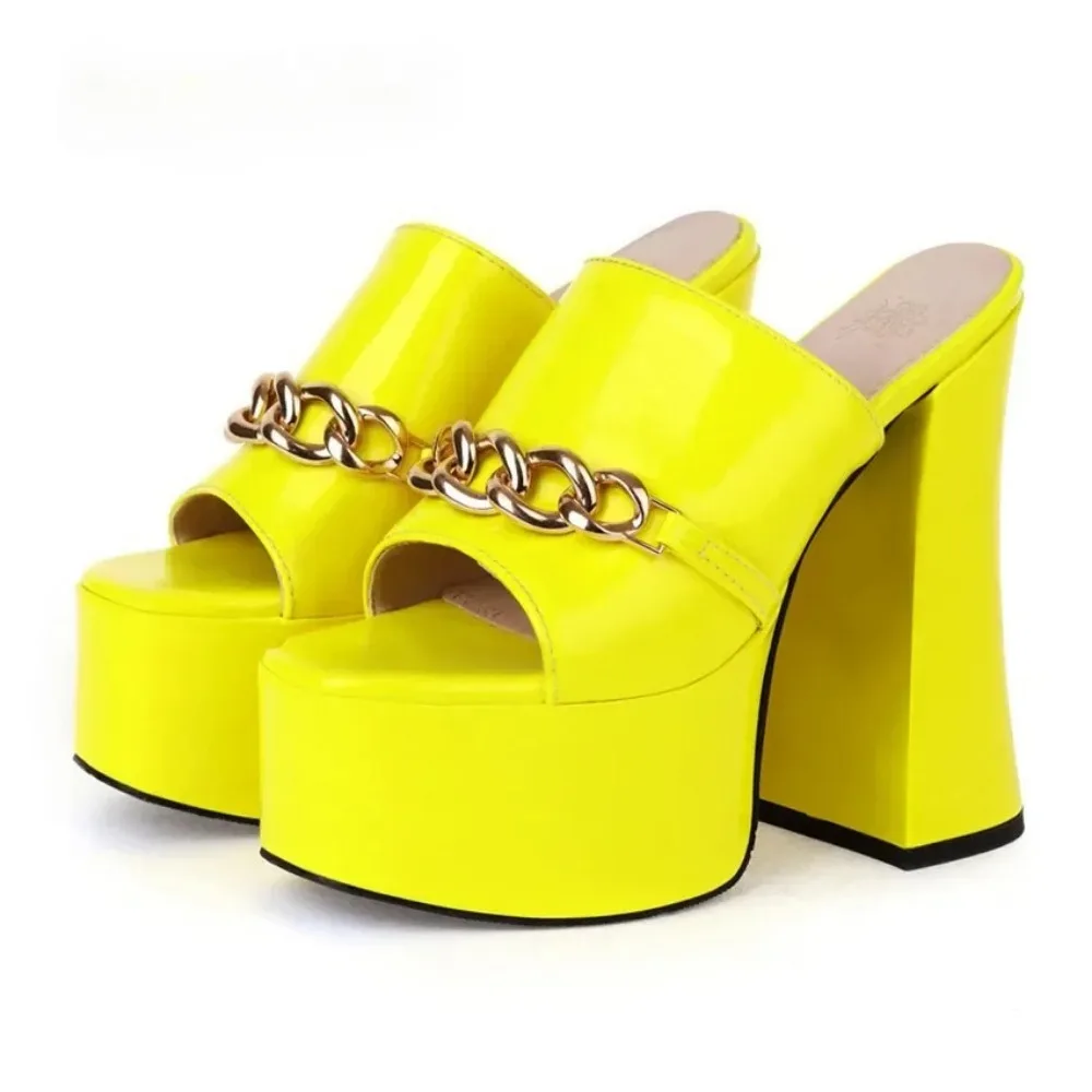 Summer Platform Sandals Women Yellow Black Patent Leather High Chunky Heels Slides Casual Party Club Ladies Metal Chain Slippers