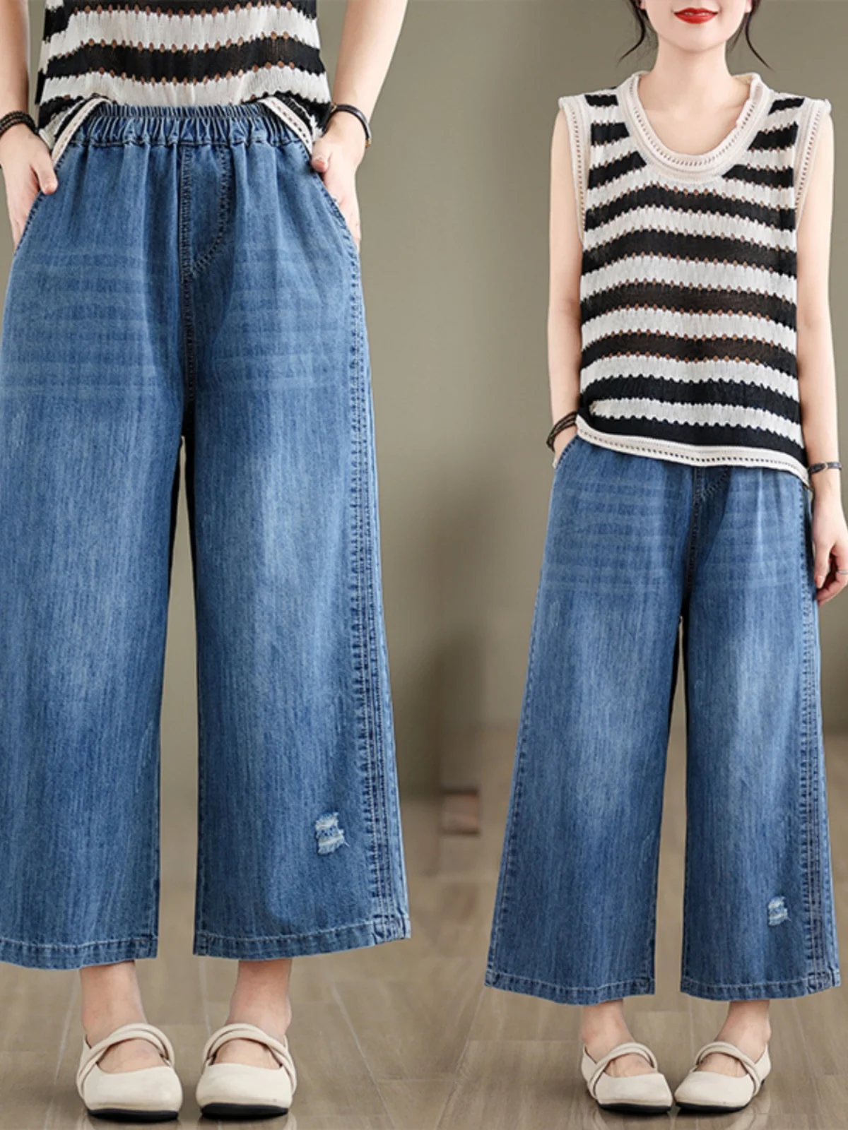Celana Panjang Wanita Model High Waist Longgar Lebar, Musim Panas Terbaru Gaya Korea, Longgar Mewah, Model Straight Tube Sembilan Potong