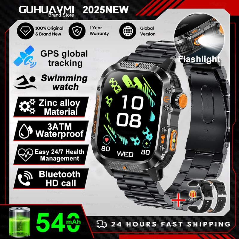 2026 Nieuwe Militaire Smartwatches Mannen 10ATM Waterdicht Zwemmen GPS Bluetooth Oproep 2.01 "AMOLED HD Sport Zaklamp Smart Horloge Mannen