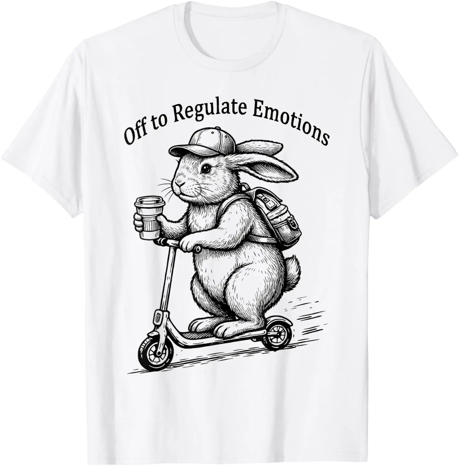 Off To Regulate Emotions Funny Bunny Rabbit Scooter Humor T-Shirt 100% Cotton Trendy Y2K Short-Sleeve Tee – Soft, Quick-Drying, & Moisture-Wicking; Ideal for Sports or Casual Wear; Great Gift for Christmas or Halloween.