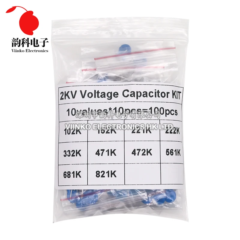 Kit surtido de condensadores cerámicos de alto voltaje, Kit de 100 piezas, 2KV, 102K, 152K, 221K, 222K, 332K, 471K, 472K, 561K, 681K, 821K