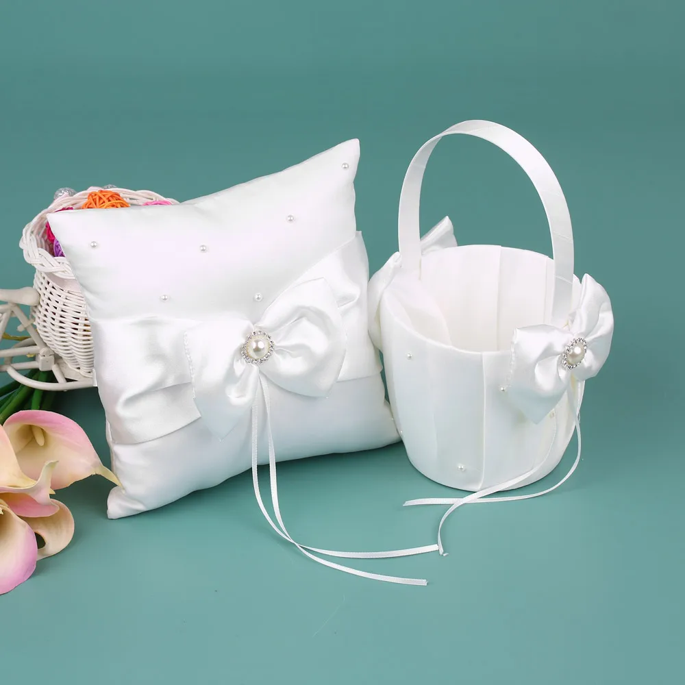 

7 * 7 inches White Satin Bowknot Rhinestone Decorated Ring Bearer Pillow and Wedding Flower Girl Basket Set