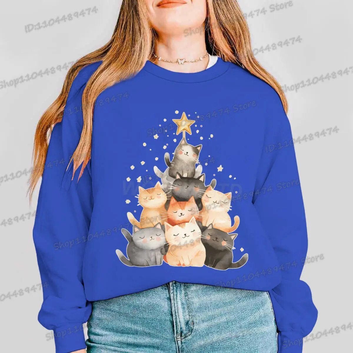 جديد عيد الميلاد للجنسين بلوزات الكرتون القطط شجرة عيد الميلاد سترة الموضة عادية مستديرة الرقبة بلايز النساء الرجال عيد الميلاد البلوز