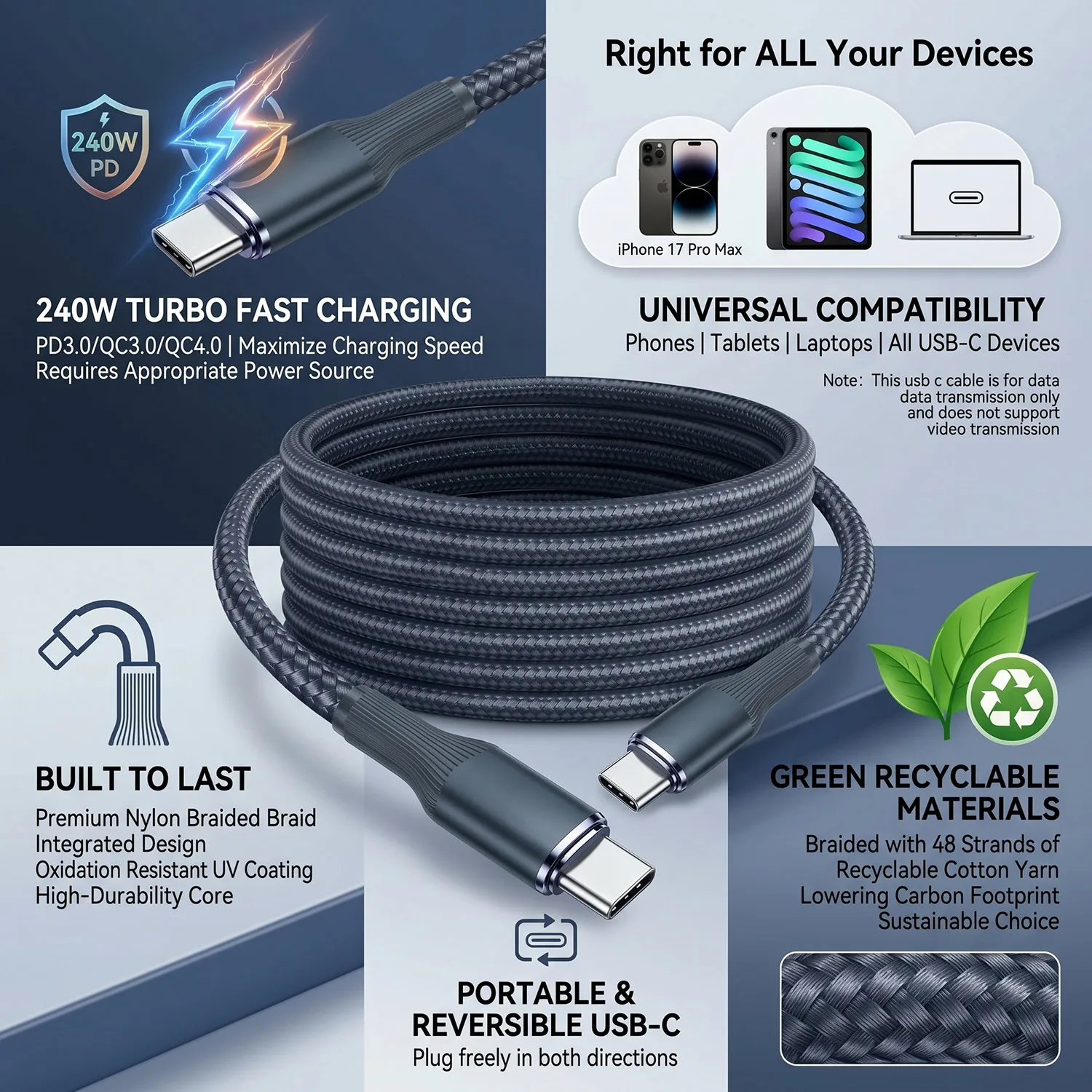 6A USB-C PD Cable For Motorola 240W USB C To C Fast Charigng Data Cord 100cm For Moto Edge 50 40 30 20 Pro X50 Ultra PD Cable