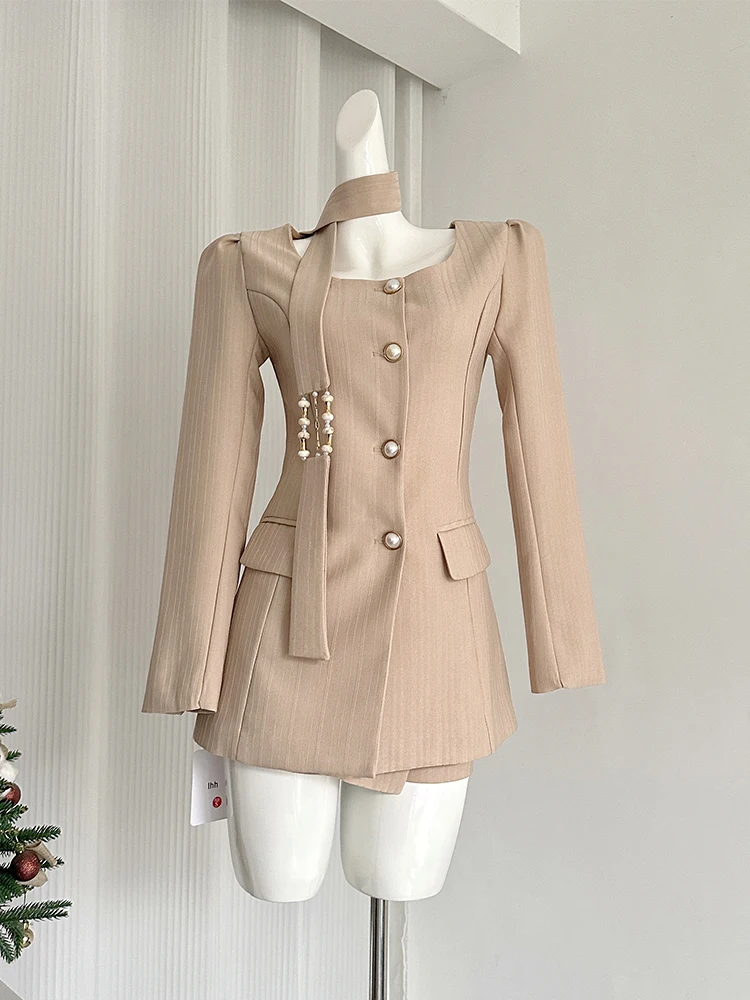 Women\'s Two Piece Suit Vintage A-Line Mini Skirt and Long Sleeve Coat Harajuku Y2k Office Ladies Khaki Skirt Sets 2000s Clothes