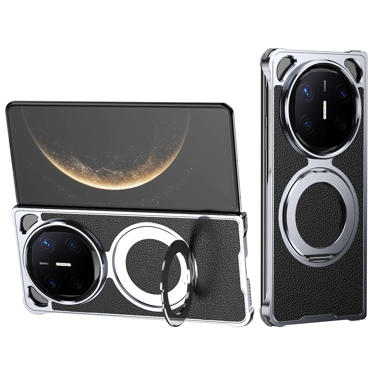 

For Huawei Mate X3 X5 X6 Case Frameless Metal Alloy Frame Magnetic 360° Rotation Stand Vegan Leather Cover