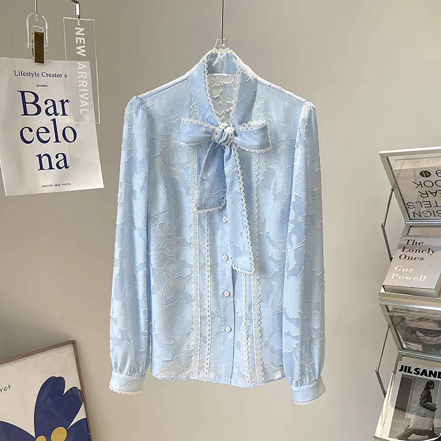 

Women's Shirt 2024 New Light Blue Jacquard Soft Lace Bow Ribbon Buttons Up Long Sleeve Blouses Women Top Blusa Mujer De Moda