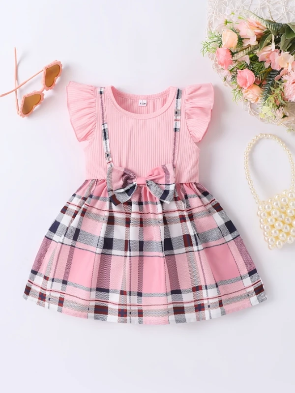 فستان منقوش باللون الوردي للفتيات الصغيرات: زي بدون أكمام مزين بفيونكة وأكمام مكشكشة #2