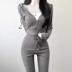 Sexy New Solid Color Slim Fit Short Hooded Jacket Slight Flares And Casual Pants Two Piece Sweat Suits Women Matching Sets LU95