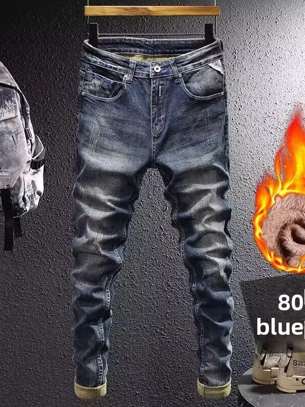 

Ретро Fce Lined Thiened Slim Fit Джинсы Мужские повседневные износостойкие маленькие прямые брюки Молодежные модные синие джинсы