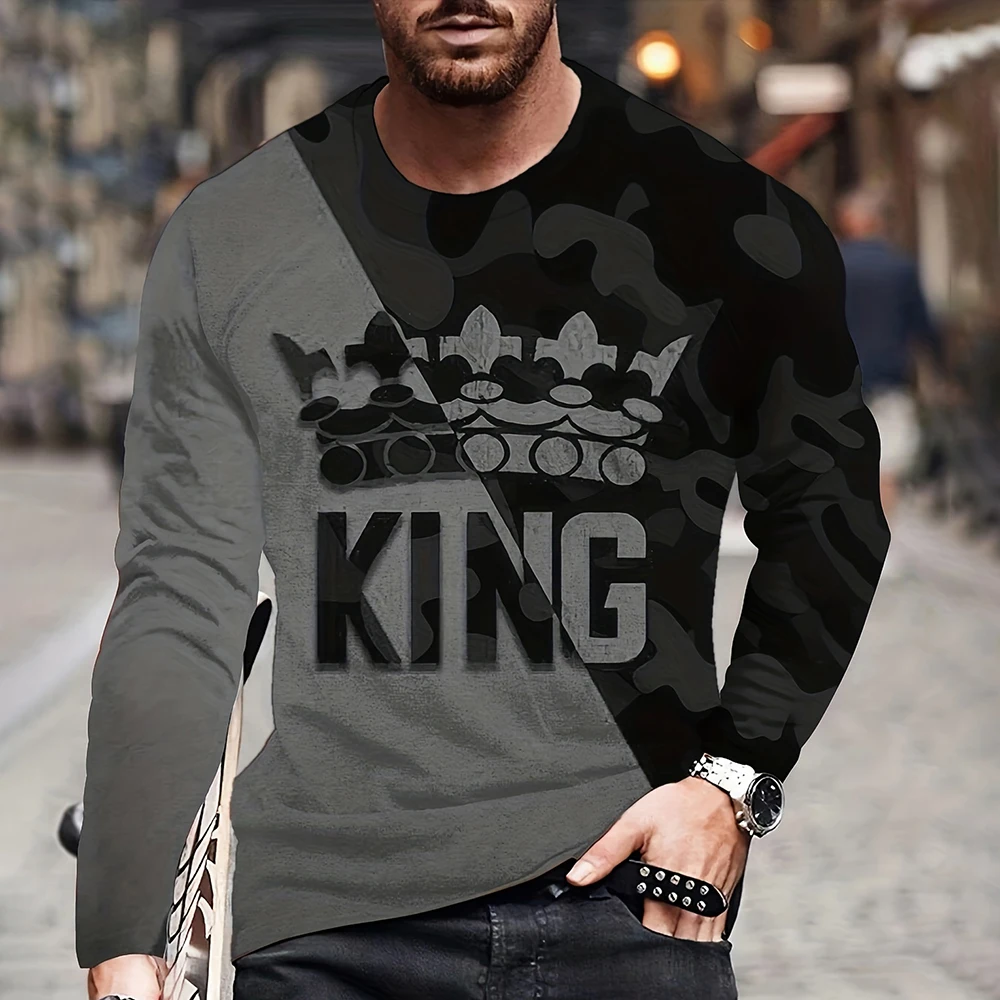 خمر الملك الملك مطبوعة الصيف الرجال جولة الرقبة تي شيرت عارضة طويلة الأكمام المتضخم تي شيرت الأزياء السترة الرجالية #6