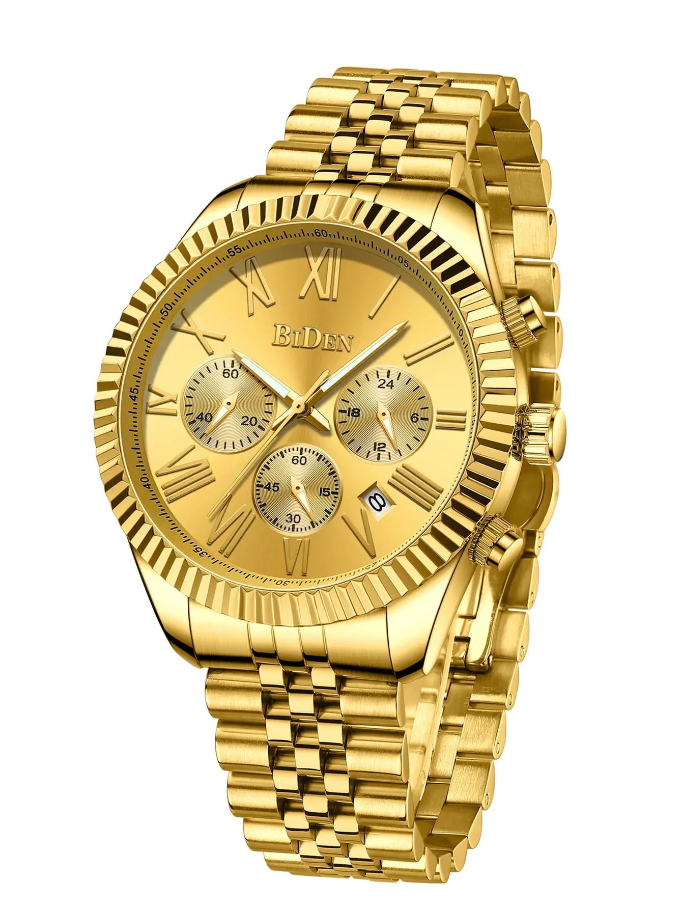 ساعة رجالية بهيكل عظمي ذهبي على مدار 24 ساعة - ساعة كوارتز جديدة فاخرة مقاومة للماء من BIDEN