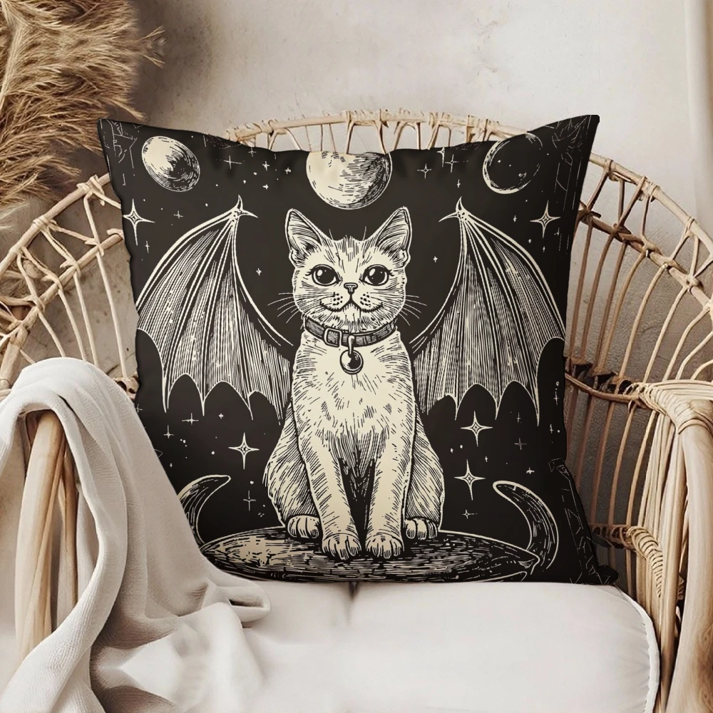 Square Throw Pillow Case Black Gothic Bat Winged Cat Moon And Stars Print For Living Room Sofa Bedroom Home Decor Cushion Cover