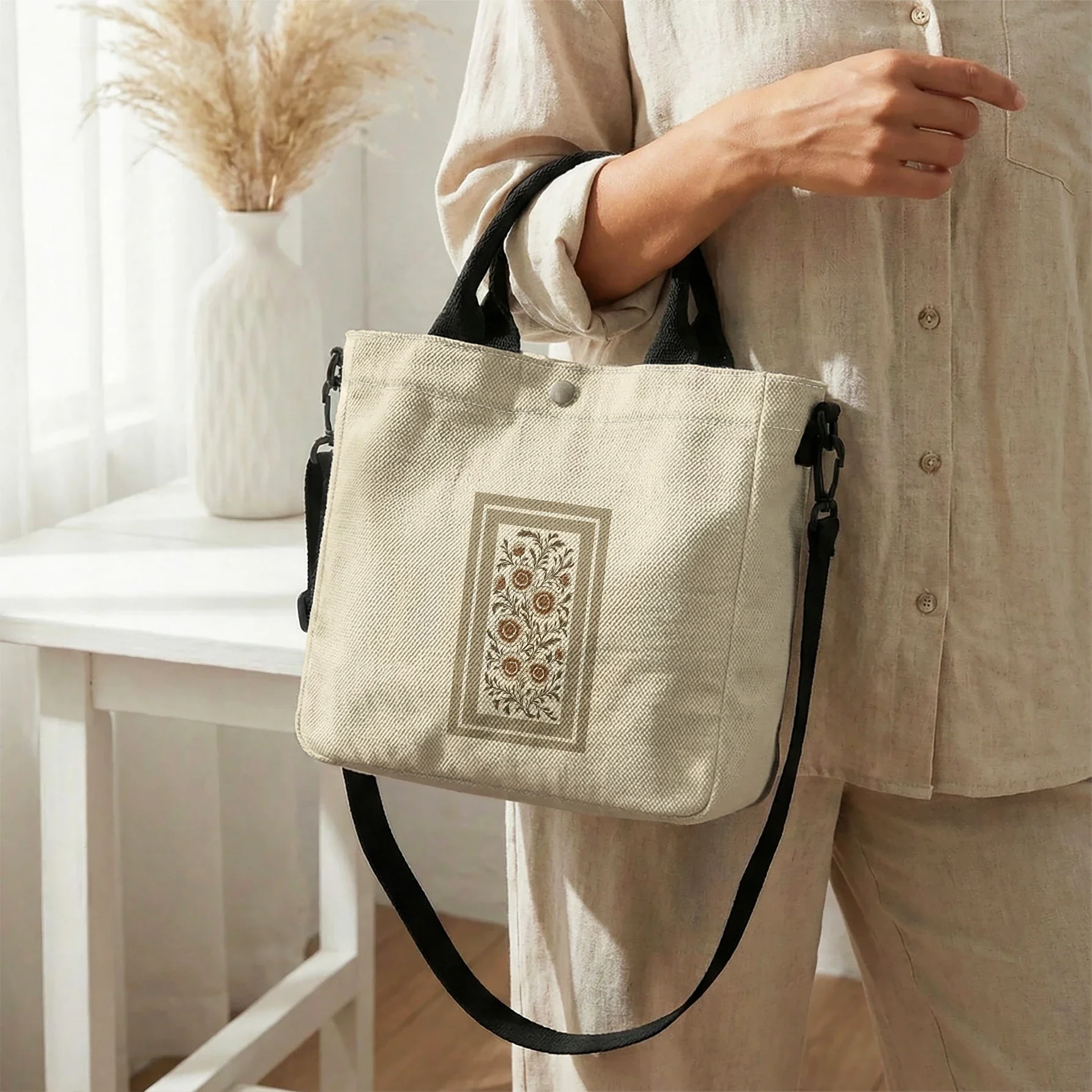 Vintage Frame Floral Print Tote Bag, Detachable Strap Crossbody Handbag For Daily Work Shopping