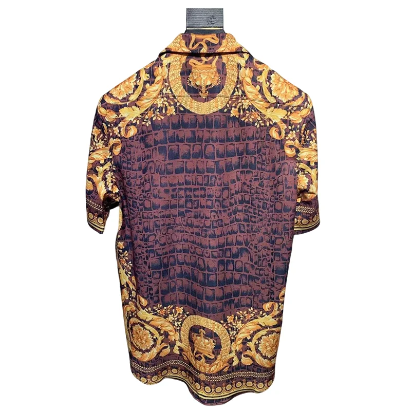 New Men's Shirt Short Sleeve Baroque Pattern Printed Spring/Summer European Milan Casual Top High Quality Coffee Color S-XXL