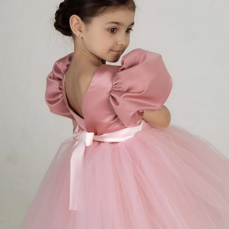 Fashion Girl Princess Vintage Silk Dress Puff Sleeve Child Tulle Vestido Wedding Party Birthday Tutu Dress Child Clothes 1-12Y view 3