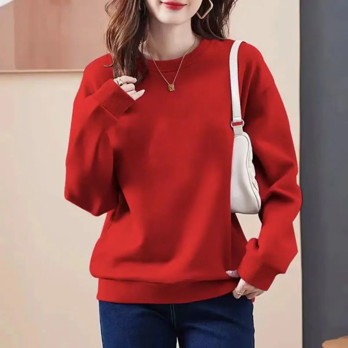 Early Autumn Pure Cotton Round Neck Long Sleeved Sweatshirt Women Loose Casual Simple All-match Hoodies Solid Tops