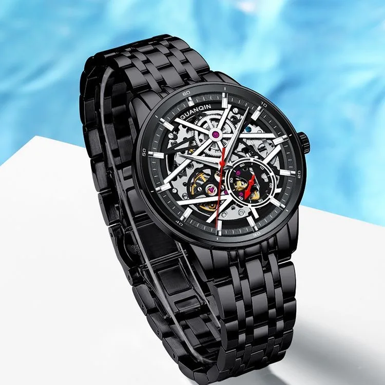 

Часы GUANQIN, механические для мужчин, роскошные брендовые часы с автоматическим механизмом и двойным скелетом, водонепроницаемые светящиеся часы для бизнеса и отдыха