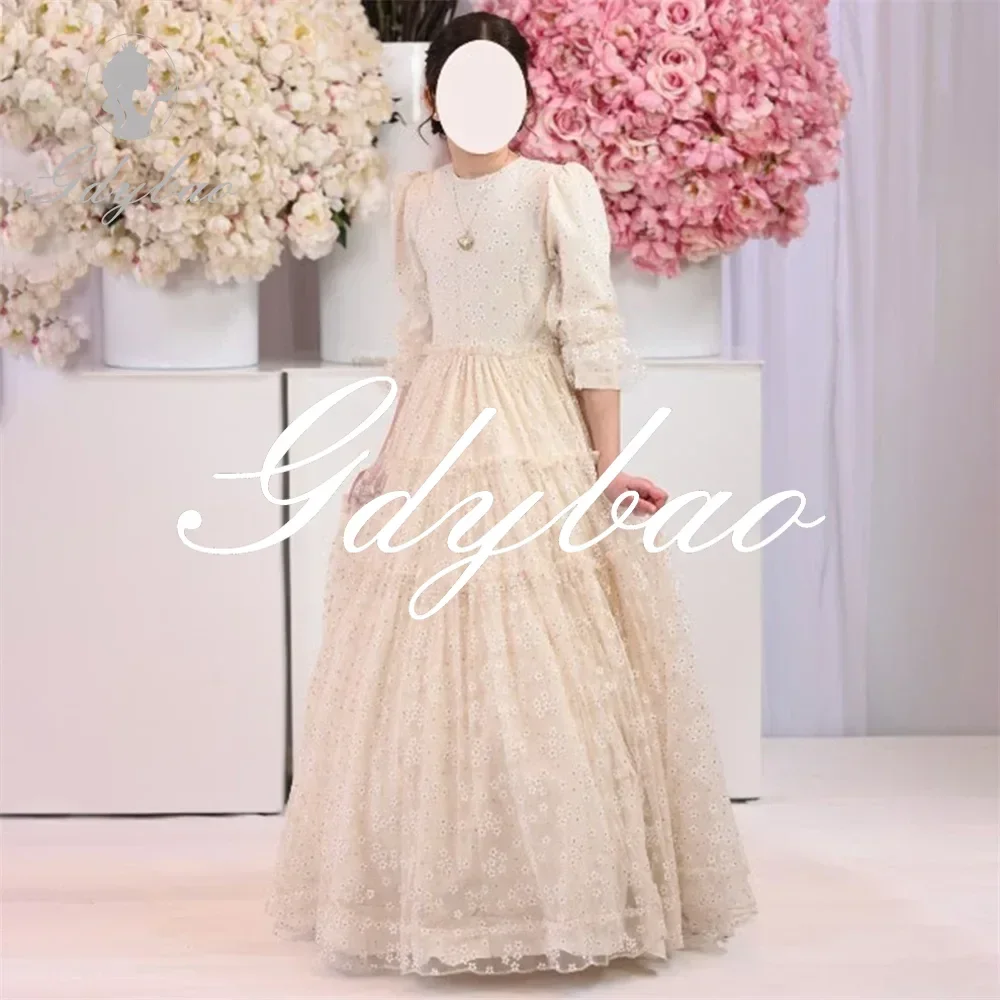 Elegante puff manga longa renda apliques uma linha princesa festa de casamento vestido da menina flor até o chão formal primeira comunhão vestido