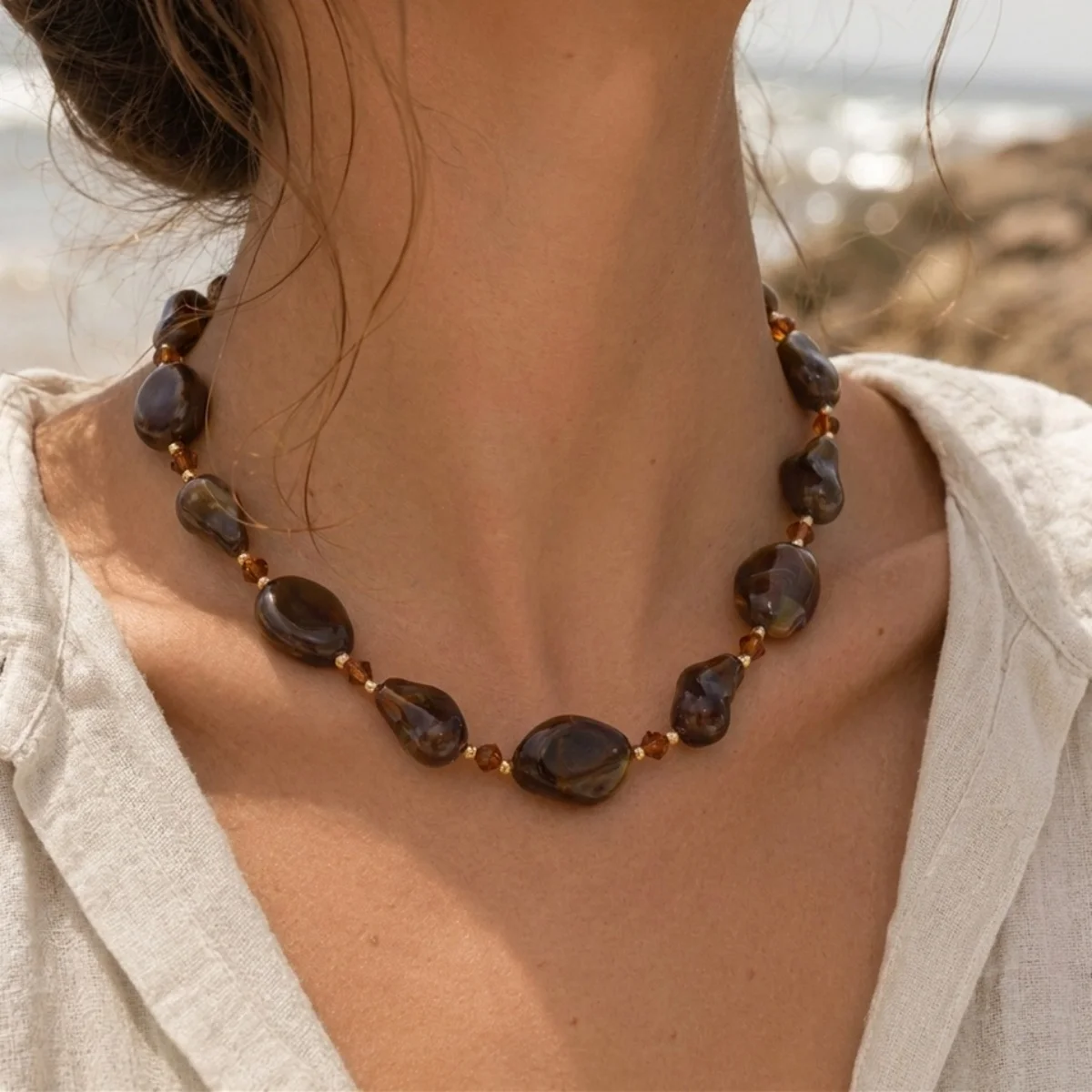 Vintage Unregelmäßige Braune Acryl-Perlenkette für Damen und Herren, Lässiger Minimalistischer Kristall-Abstandsperlen-Choker, Ins Ästhetischer Schmuck – Detail 21