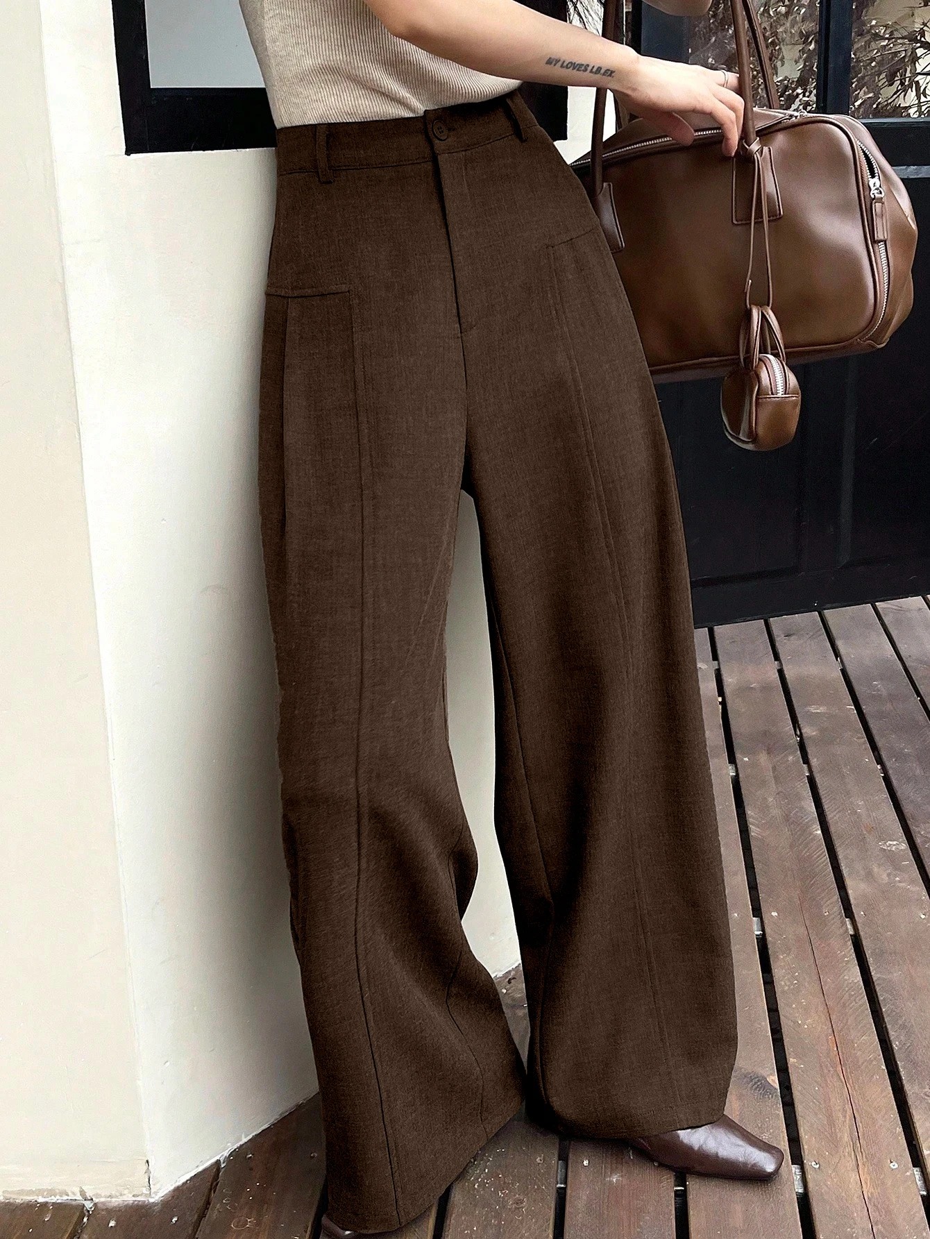 Women's Brown High-Waisted Wide Leg Pants, Spring/Autumn Draped Straight Trousers, Casual Office Slimming Suit Pants