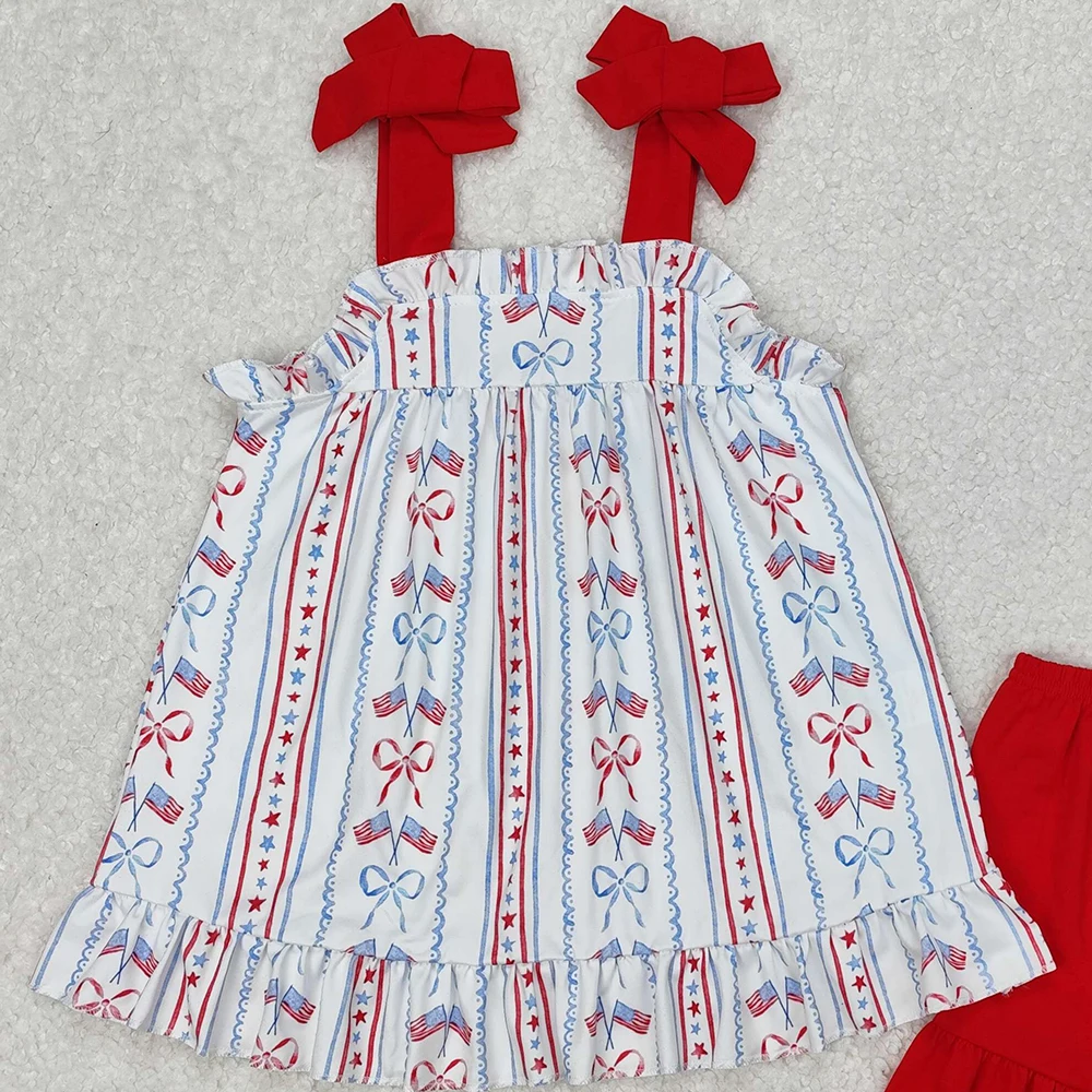 GSSO1786 Baby Girls 4th Of July Flag Bow Tunic Ruffle Shorts Clothes Sets