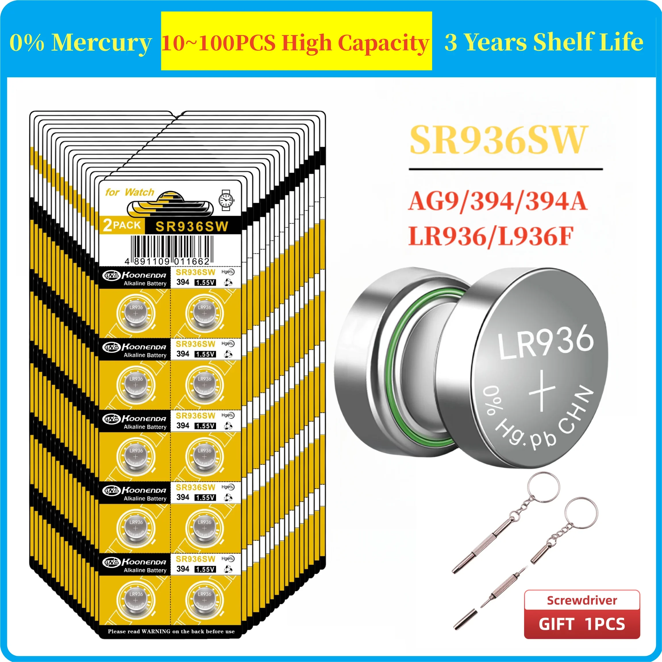 

10PCS-100PCS 1.55V AG9 LR936 394 SR936SW LR45 Button Batteries G9A 194 394A SR936 L936F Cell Coin Watch Toys Remote Battery