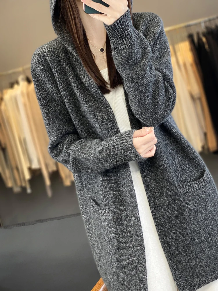 

Women Cashmere Long Hooded Cardigan Autumn Winter 100% Merino Wool Casual Warm Sweater Jacket High Quality Knitwear Coat