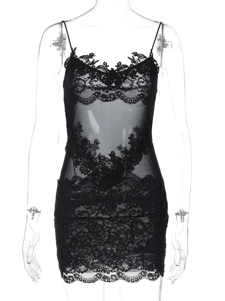 Tossy Sexy Lace See-Through Mini Dress For Women Printed Backless Summer 2025 New Spaghetti Dress Slim Female Halter Dresses