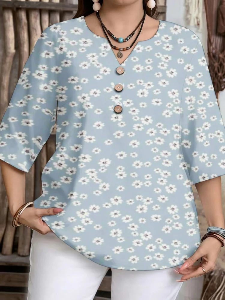 

5XL Women Blouse Soft Ditsy Floral Print 3/4 Sleeve Tunic Vintage Bohemian Notch V-Neck Button Detail Shirts Casual Summer Top