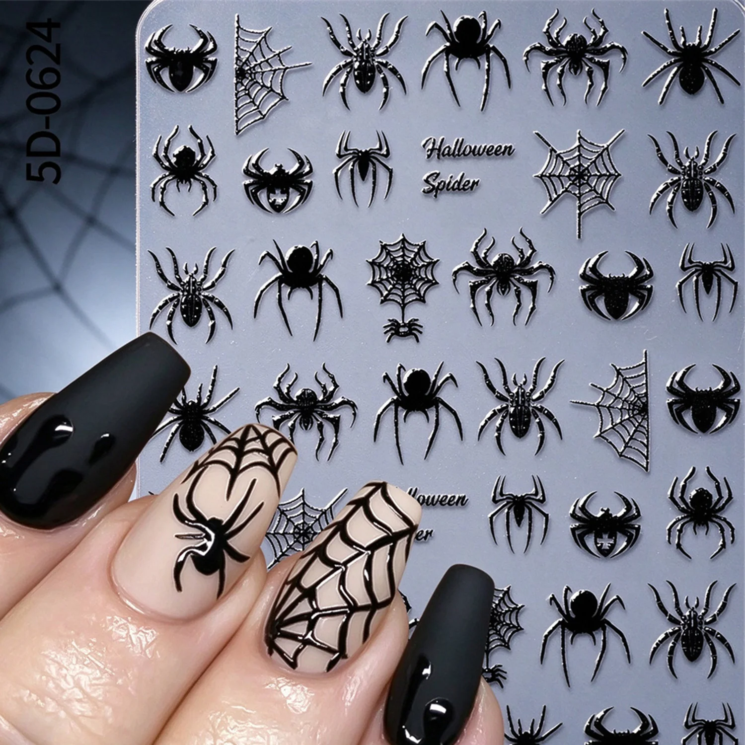 1 Stück 5D Schwarze Halloween-Spinnen-Nagelaufkleber mit verschiedenen Designs: Fledermaus/Geistergesicht/Kürbis/Totenkopf, selbstklebende Slider, DIY-Nagelzubehör