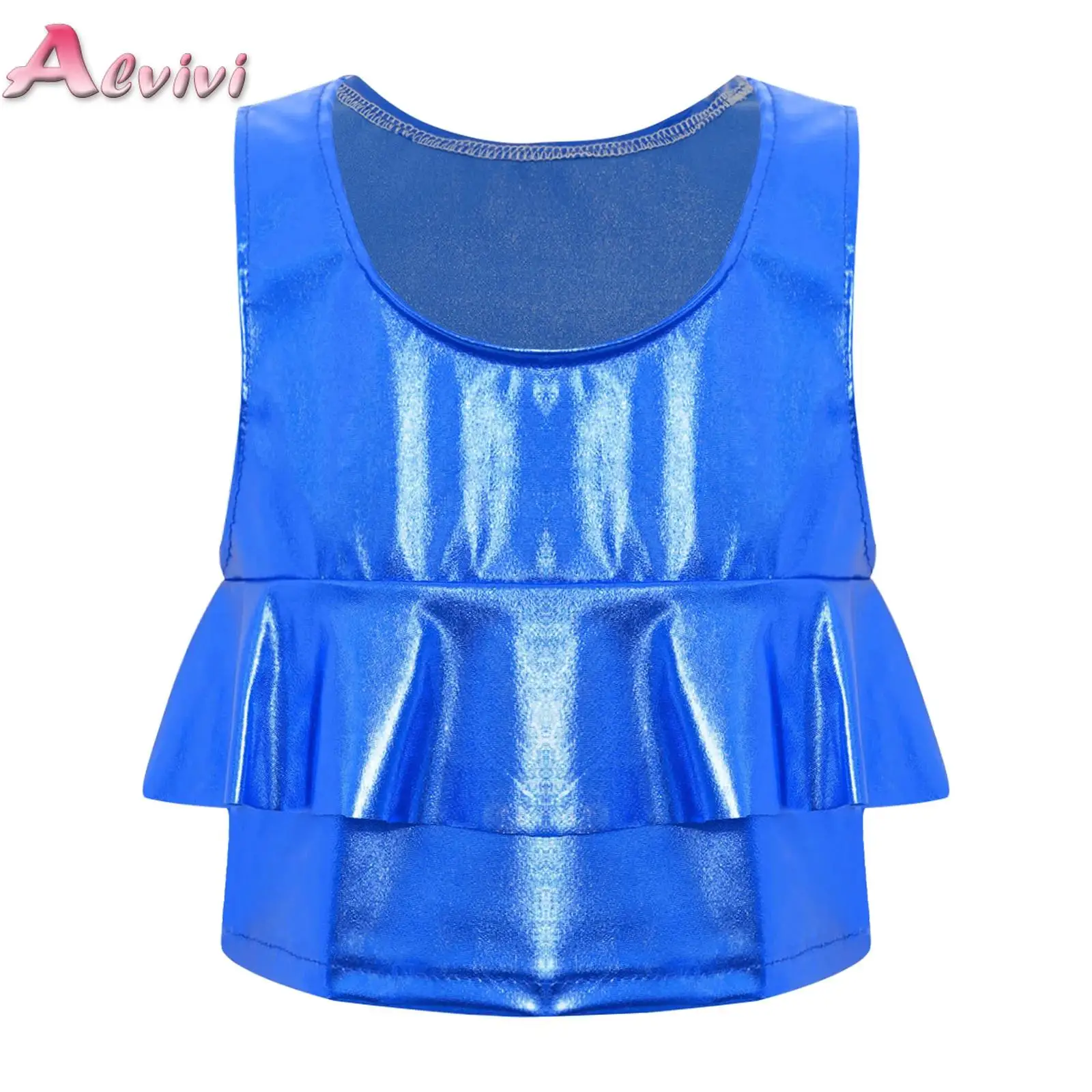 

Kids Girls Metallic Ruffled Vest Round Neck Sleeveless Cropped Tank Top for Cheerleading Jazz Dance Stage Performance Party