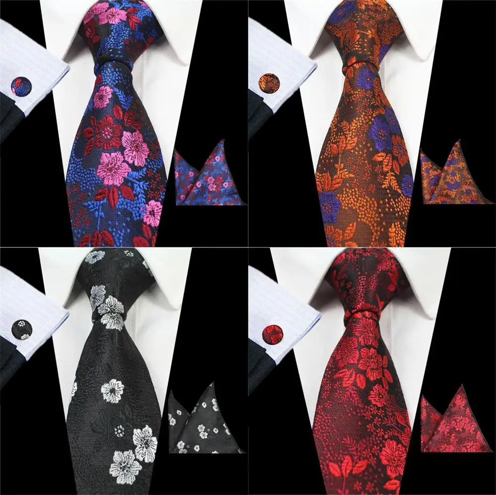 

GUSLESON 8CM Mans Floral Tie 100% Silk Jacquard Necktie Gravata Handkerchief Cufflinks Wedding Tie Set for Men Formal Party