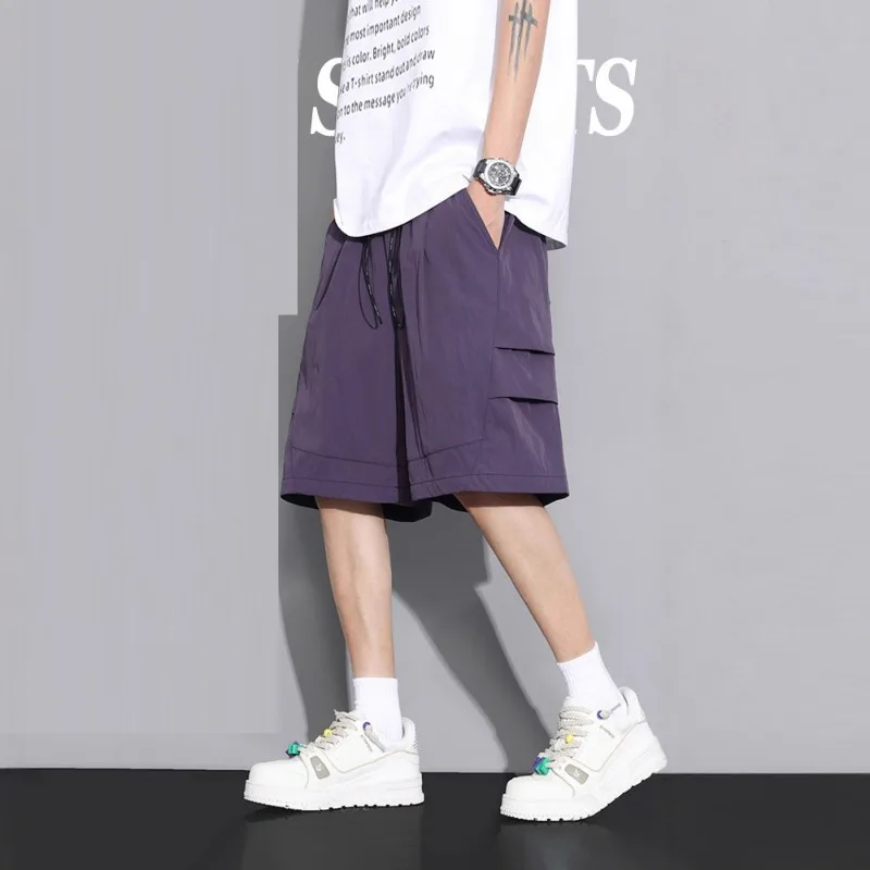 

KIDWHXR Men Cargo Shorts Summer Thin Quick-drying Male Shorts Simple Solid Color Drawstring Outdoor Man Casual Knee-length Pant