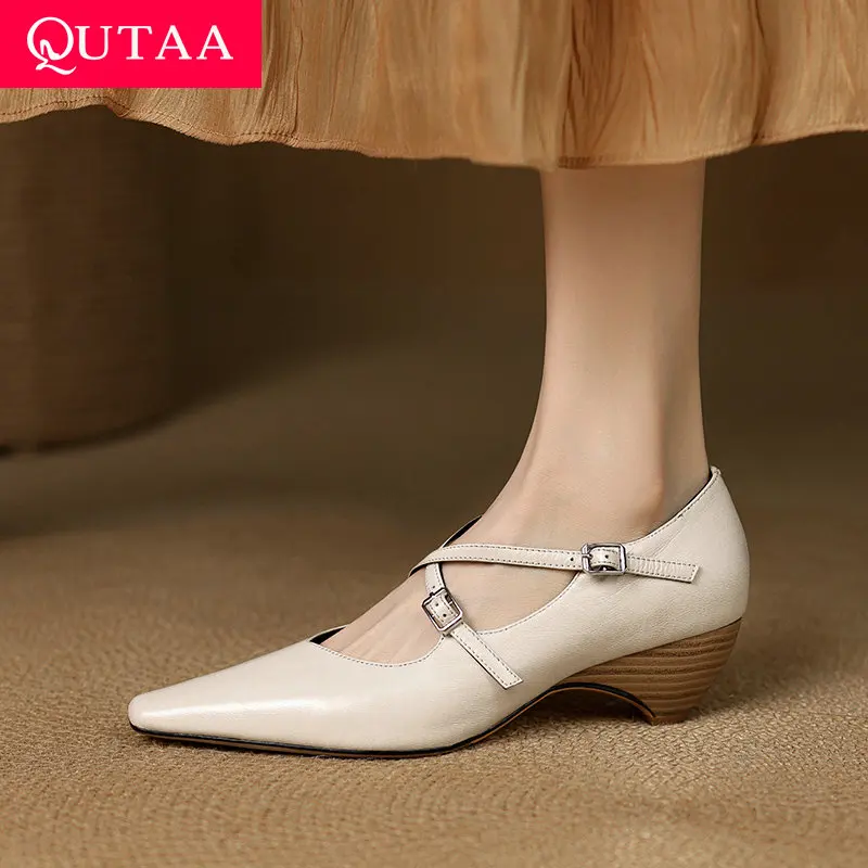 QUTAA 2025 Fashion Women Pumps Shoes High Wedge Heels Vintage Cross Straps Summer Pointed Toe Shoes Spring Woman Black 34-39