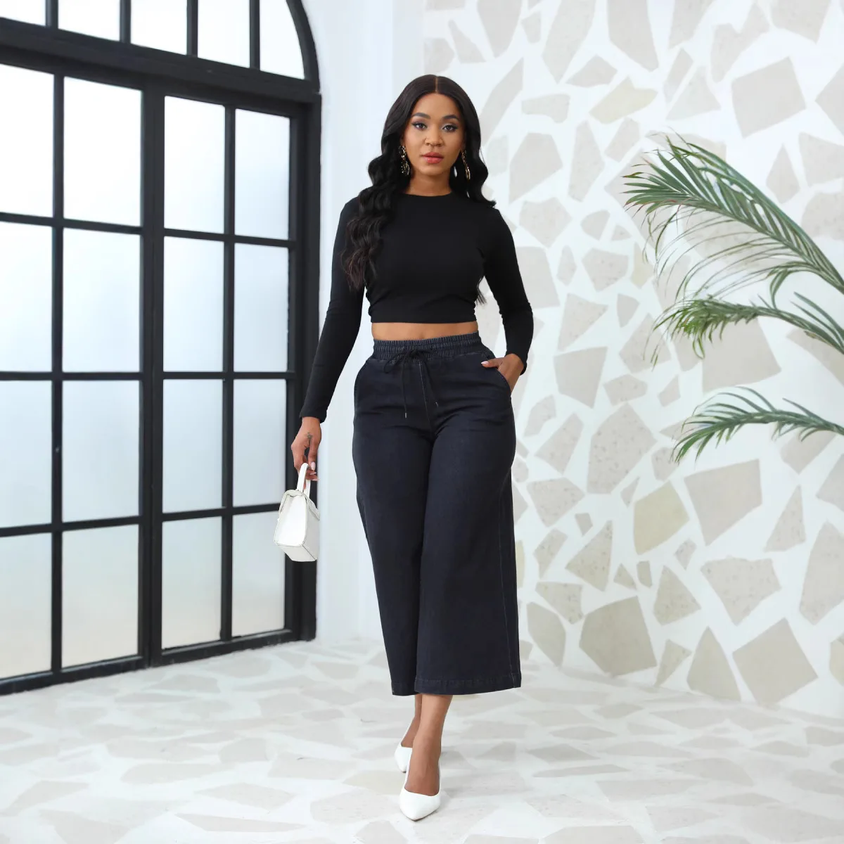 High Quality Stylish High-waisted Denim Wide-leg Nine-quarter Pants.Spring and Summer Stretch Casual Straight-leg Jeans Women