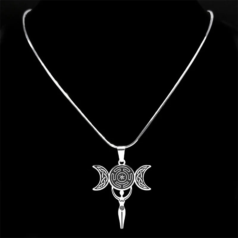 Fashion Triple Moon Goddess Hecate Necklace for Women Men Stainless Steel Witch Knot Wicca Necklaces Neopagan Jewelry N9601S04