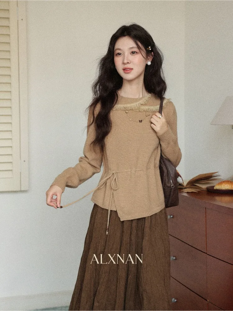 

ALXNAN Khaki Sweater Vintage Tassel Button Neck Waist Drawstring Asymmetric Pullovers 2025 Fall Winter Elegant Jumpers L59518