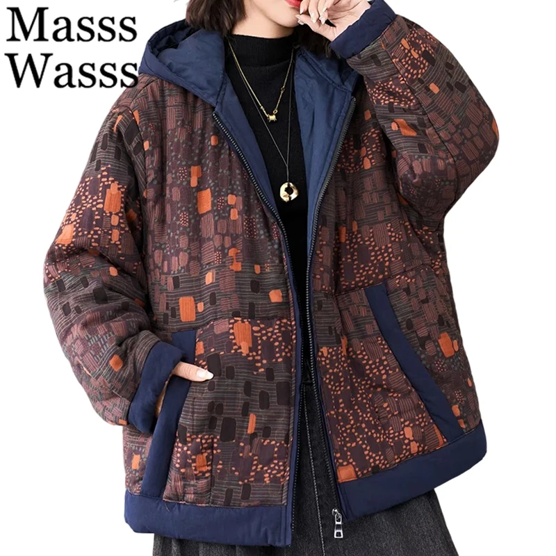 

Mass Wasss, корейская зима 2025, теплые парки с принтом, женские винтажные стеганые украшения с капюшоном для отдыха, утепленные модные классические пальто