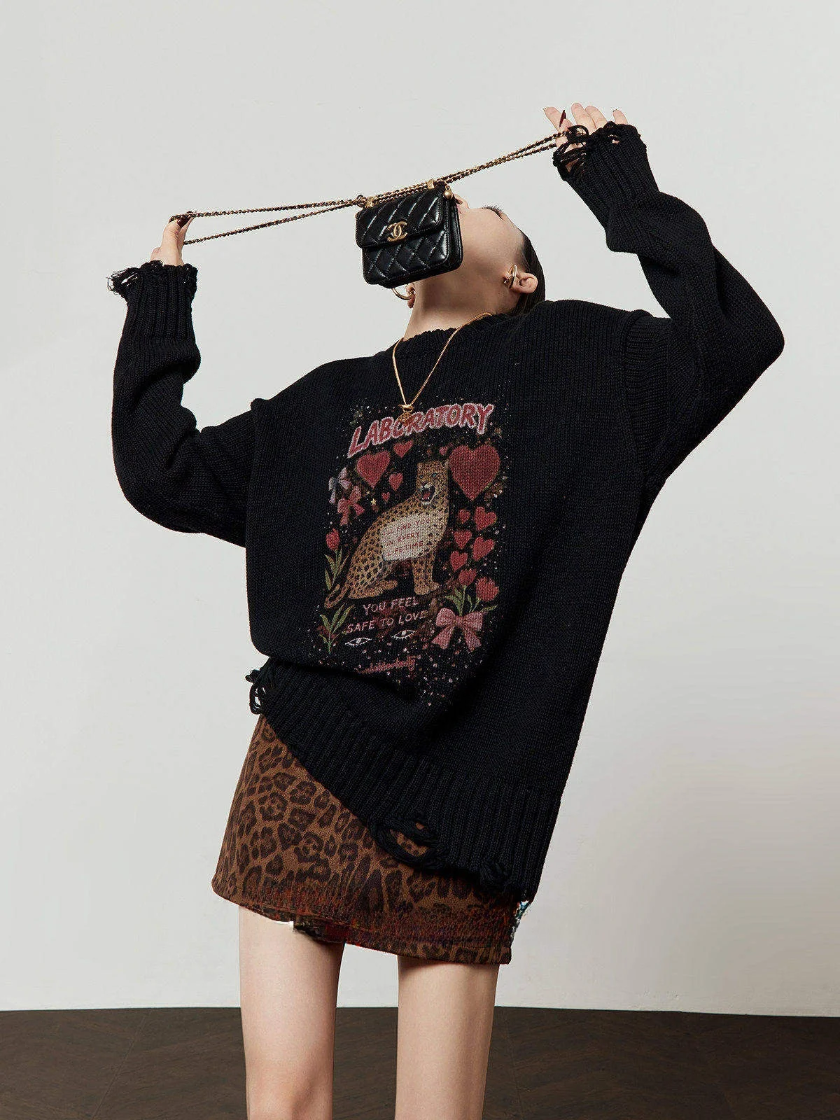 

Neon Leopard Bla Loose Casual Women's Sweater Spring 2026 New Print Comfortable Knitted Long Sve Top for Young Girls