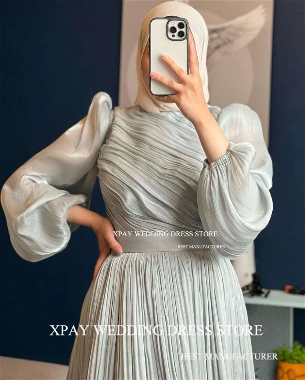 XPAY Sage Green Muslim Evening Dresses Saudi Arabic Pleat Chiffon Formal Party Prom Gown With Hijb A Line Special Occasion Dress