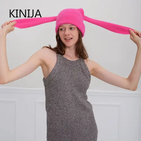 Heta vinterhattar för kvinnor, långa öronmössa, virkad stickad mössa, kaninöronmössor för kvinnor, varma mössor, pulloverkeps 8 best sales virkad mössa - №8