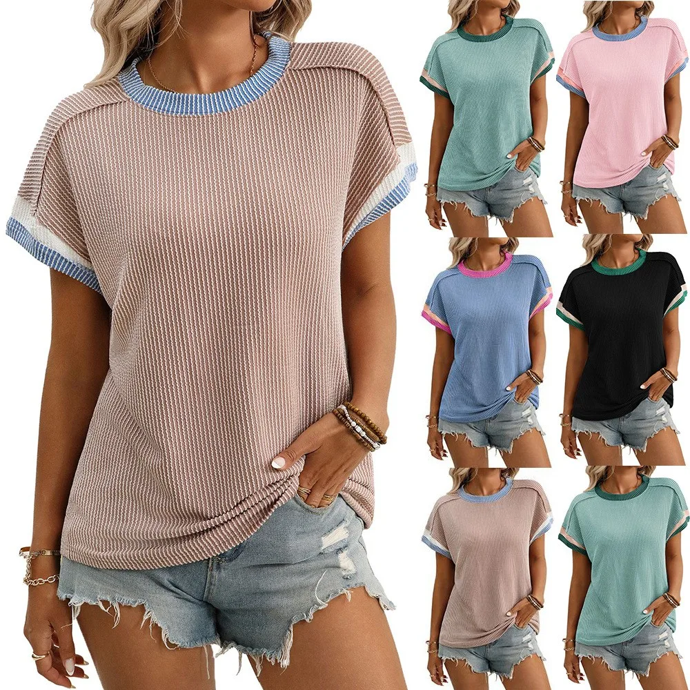 Y2k Women Short Sleeve T Shirt Oversized Round Neck T Shirts Loose Fit Tee Pastel Pink Black With Green Trim T-Shirt Tops For