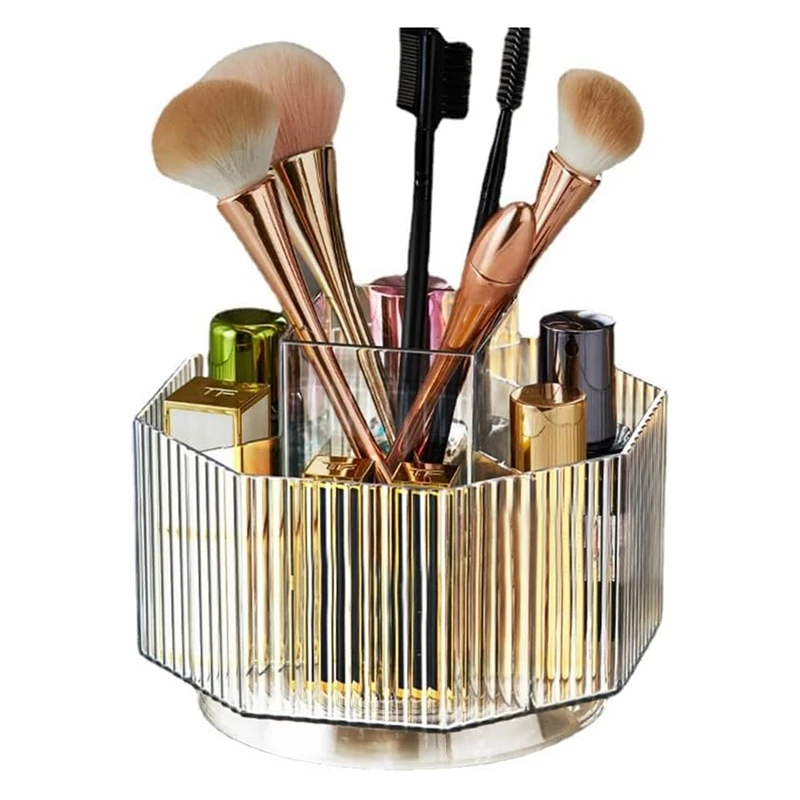 360° Rotating Makeup Organizer Spinning Makeup Brush Holder With 5 Slot Cosmetic Display Case Skin Care Trar (Clear)