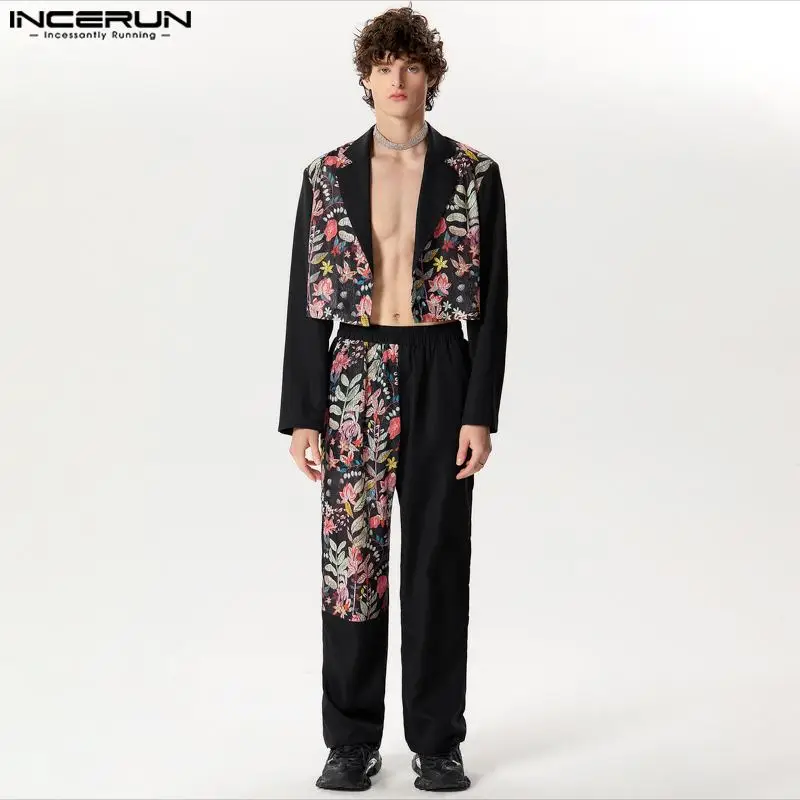 INCERUN 2024 American Style Men\'s Fashion Sets Short Long Sleeved Suit Coats Long Pants Sexy Patchwork Lace Two-piece Sets S-5XL