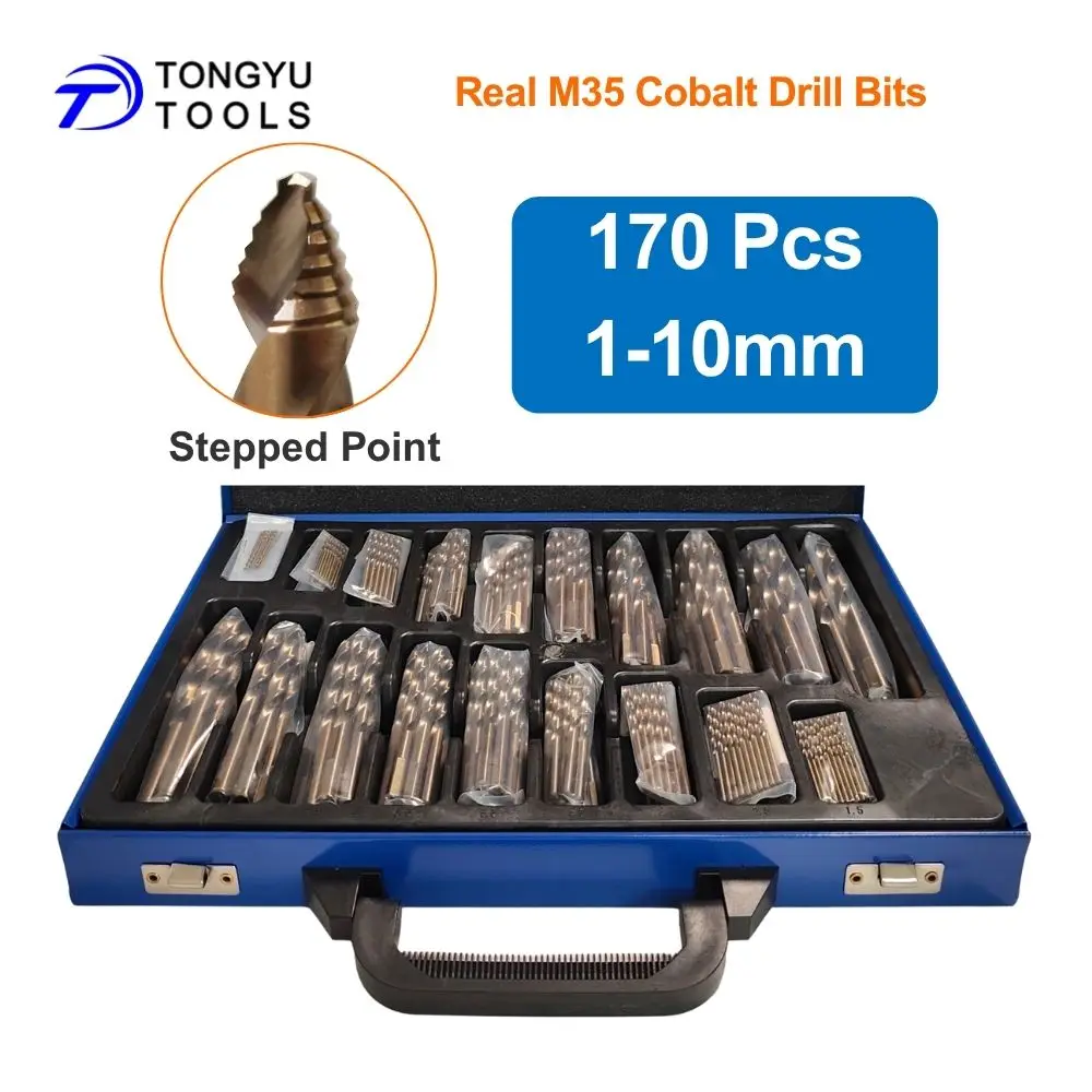 

Cobalt Drill Bit Set 170Pcs 1-10mm Stepped Point DIN338 Metric M35 HSS Co5% Jobber Twist Bit for Stainless Steel Hard Metal