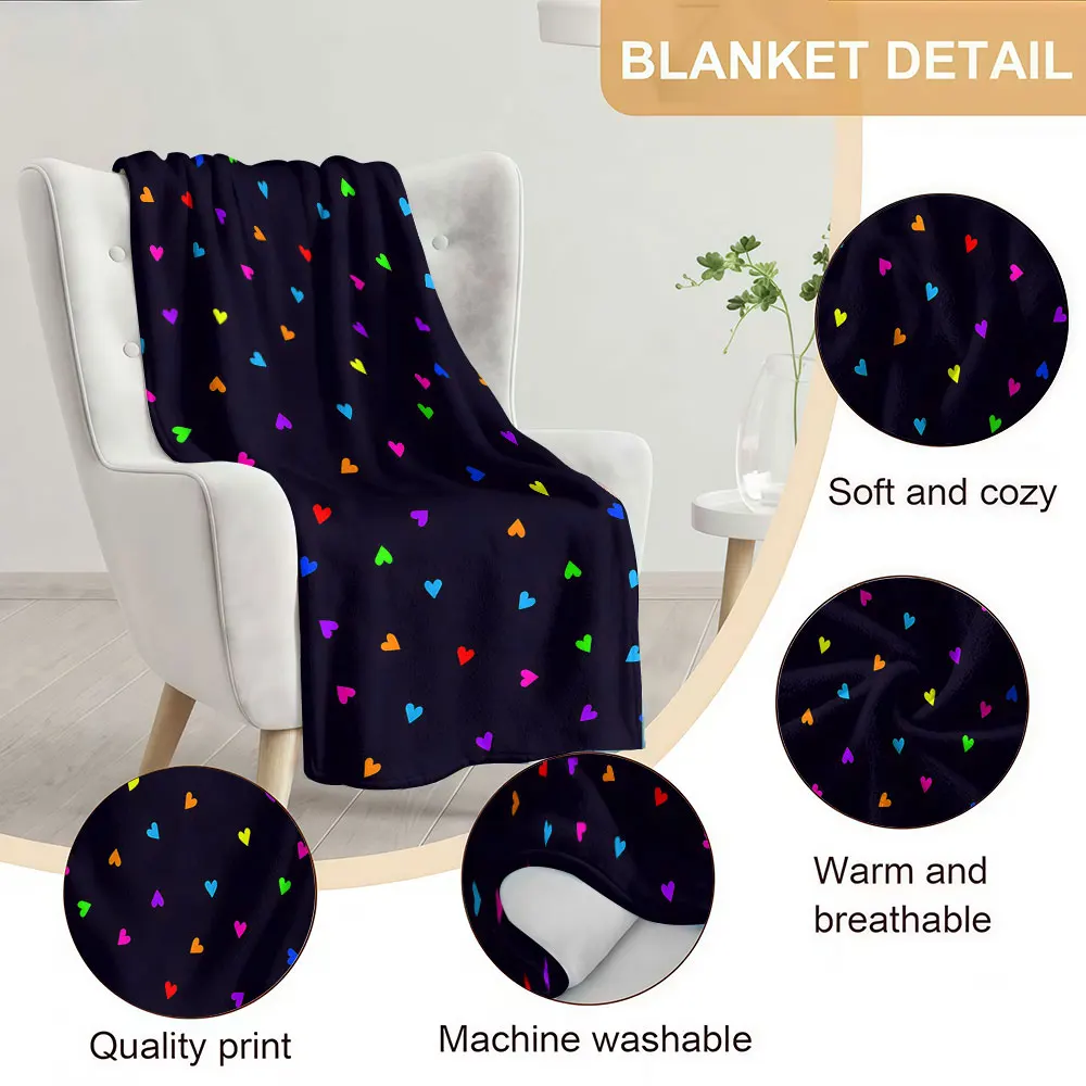 Dark Rainbow Confetti Hearts Soft Warm Flannel Blanket Lightweight Cozy Christmas Halloween Home Decor Room
