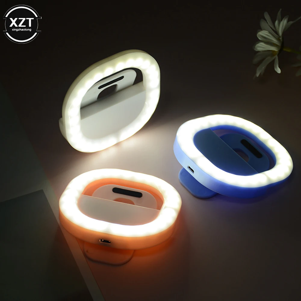 Mobile Phone Fill Light LED Ring Light Selfie Lamp Adjustable Brightness Clip On Laptop Cell Phone USB Rechargeable Round Light