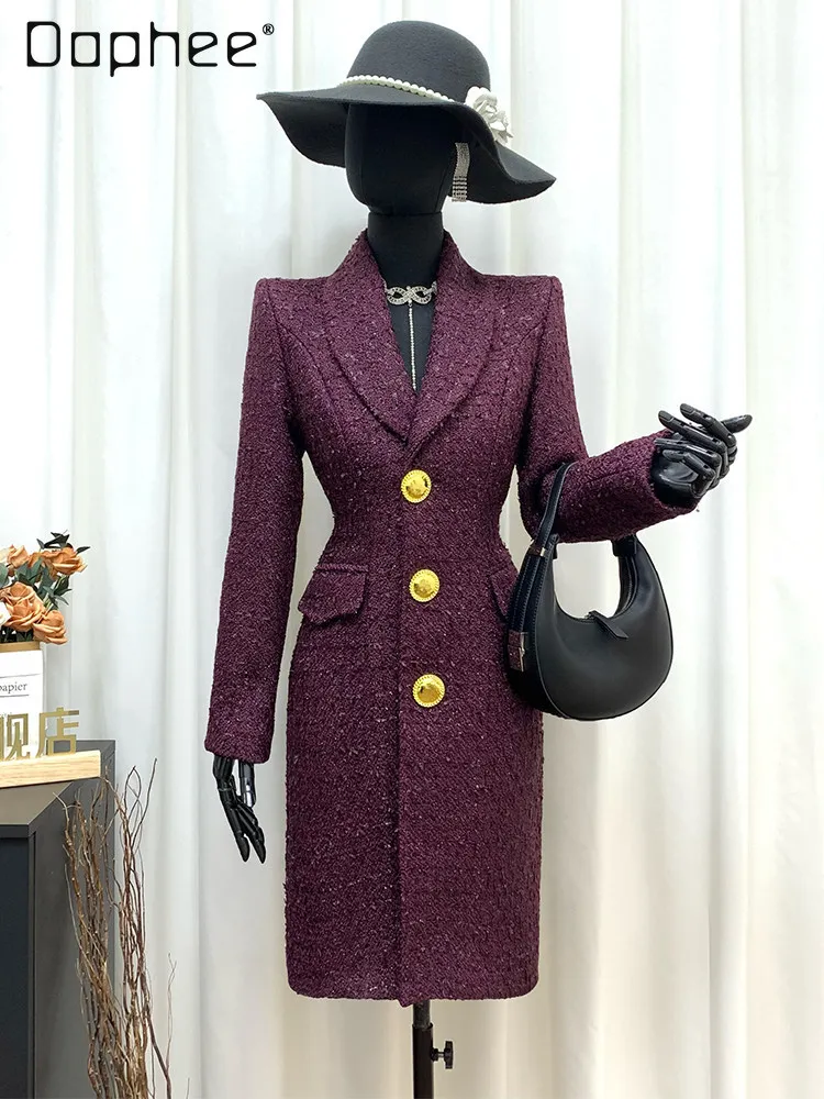 

High-end Purple Red Thickened Woolen Trench Coat Winter Warm Exquisite Woven Hepburn Style Socialite Woolen Coat Mid-length Top